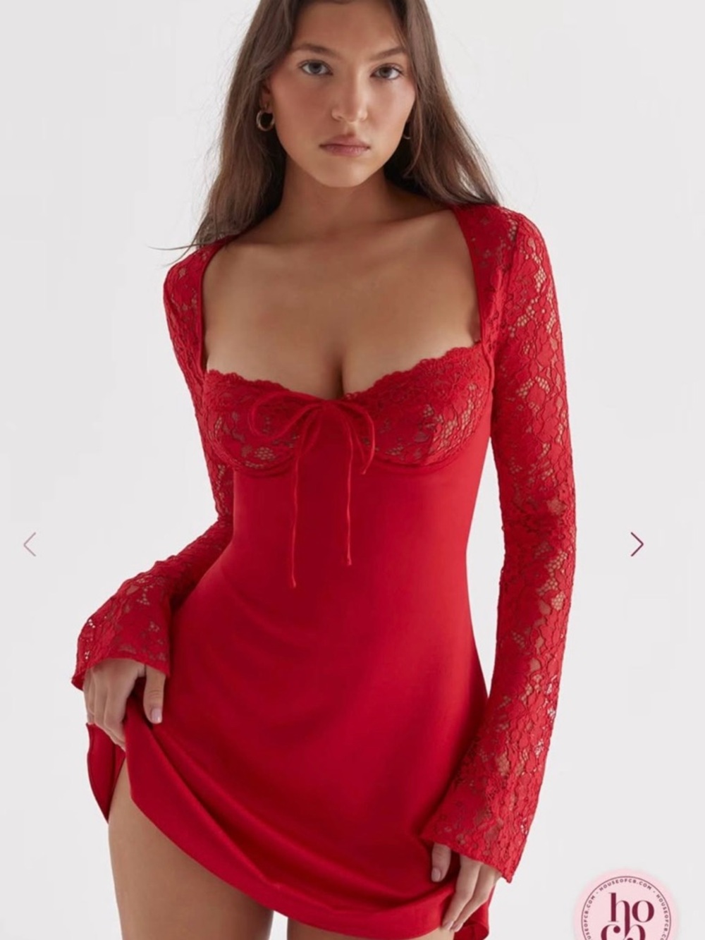 House of CB Red Lace-Detail Long Sleeve Chemise